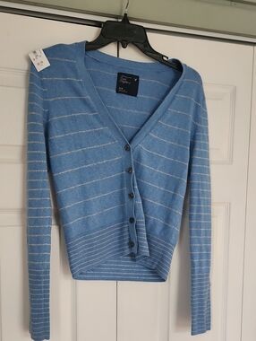 American Eagle Outfitters Light Blue V-Neck Striped Cropped Button Cardigan